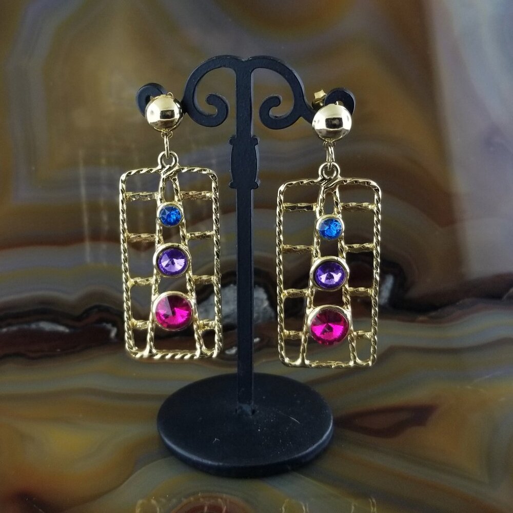 Vintage 80's Gold Multi Color Rhinestone Ladder Dangle Earrings Rope Edge